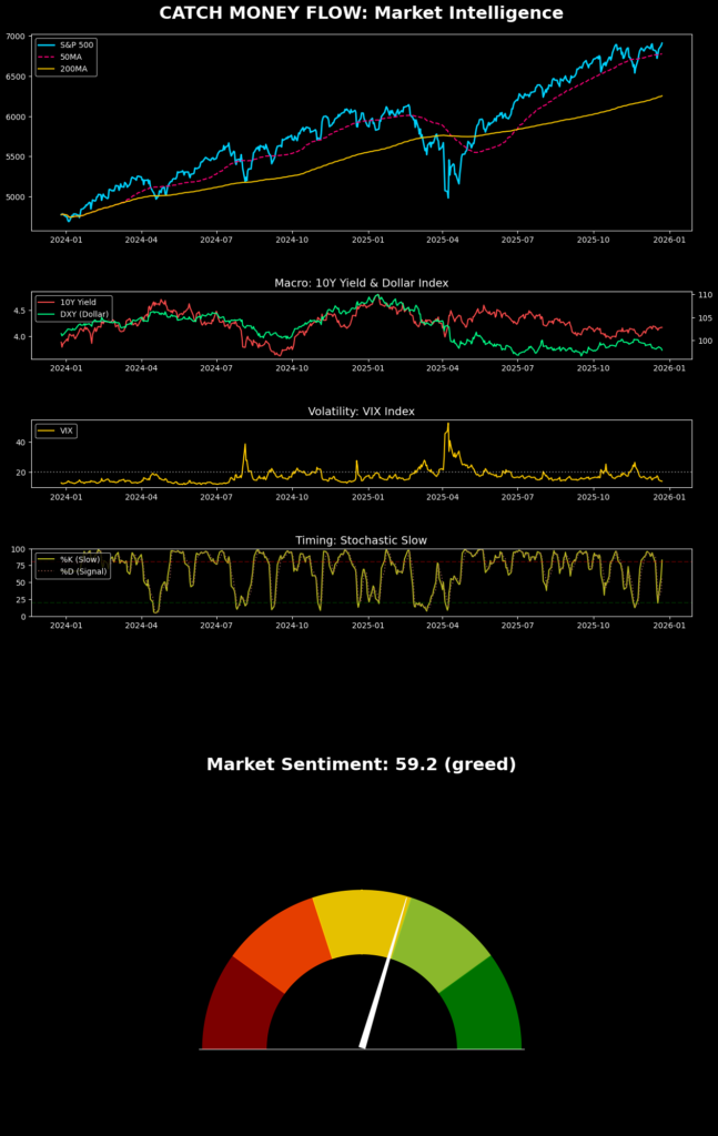 2025년 12월 24일 미국 증시 전망 리포트 차트(S&P500, 금리, VIX,RSI, 탐욕과공포 지수)
